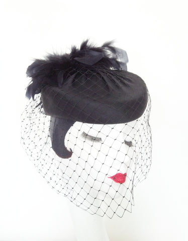 Black pillbox hat with feathers and veil - sold