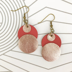 Gold and Orange leather circle earrings