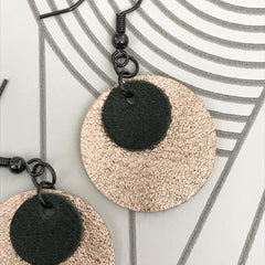 Gold and Green Leather Circle Earrings