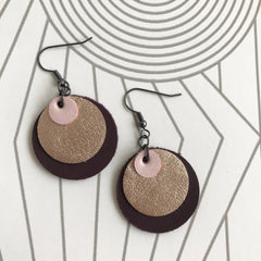 Contemporary circle drop earrings in maroon, rose gold and pink