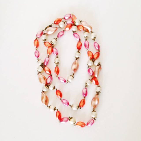 Long pink and orange beaded necklace  SOLD